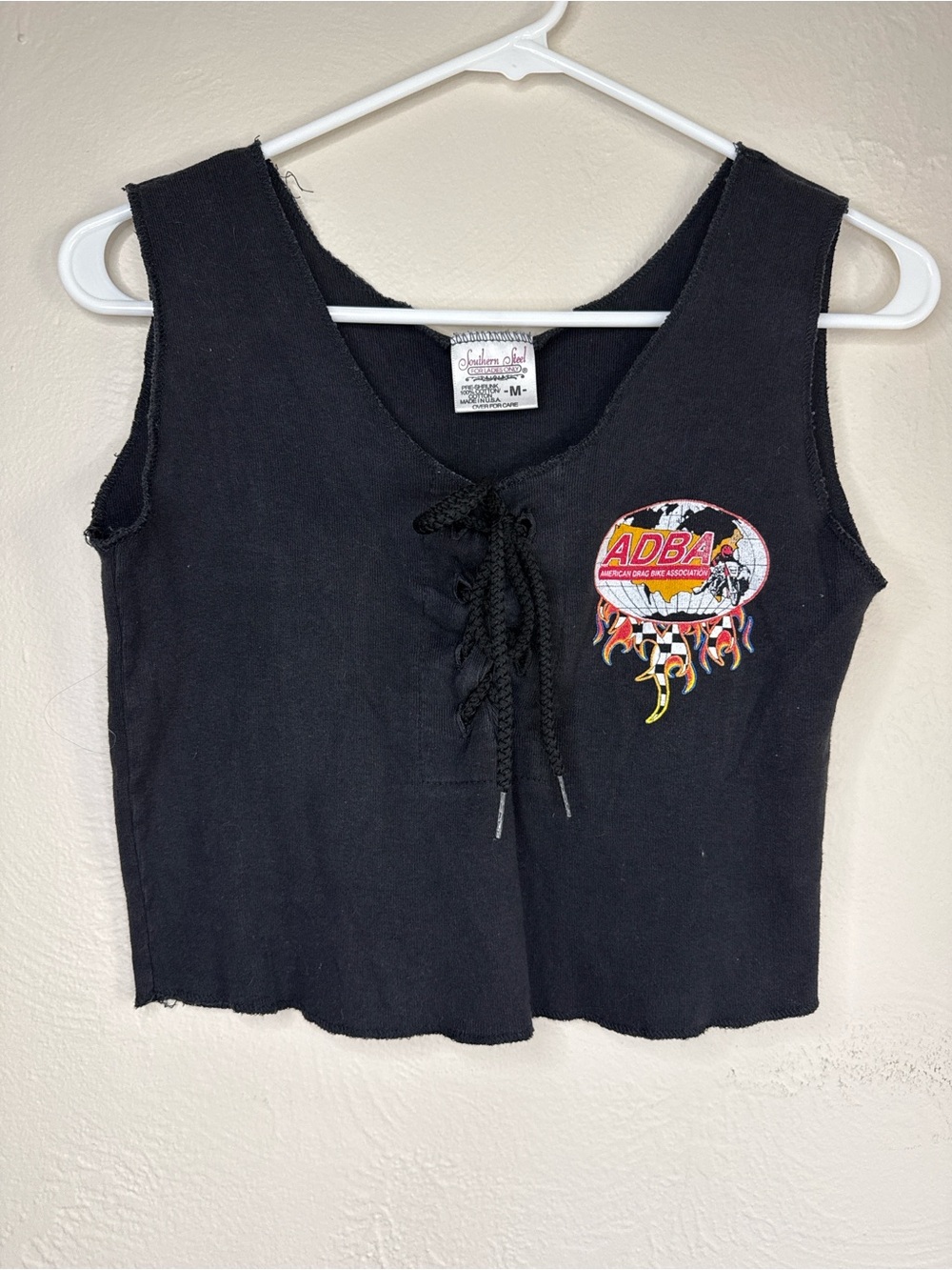 Vintage ADBA Lace Up Crop Tank Top Black USA Made Medium